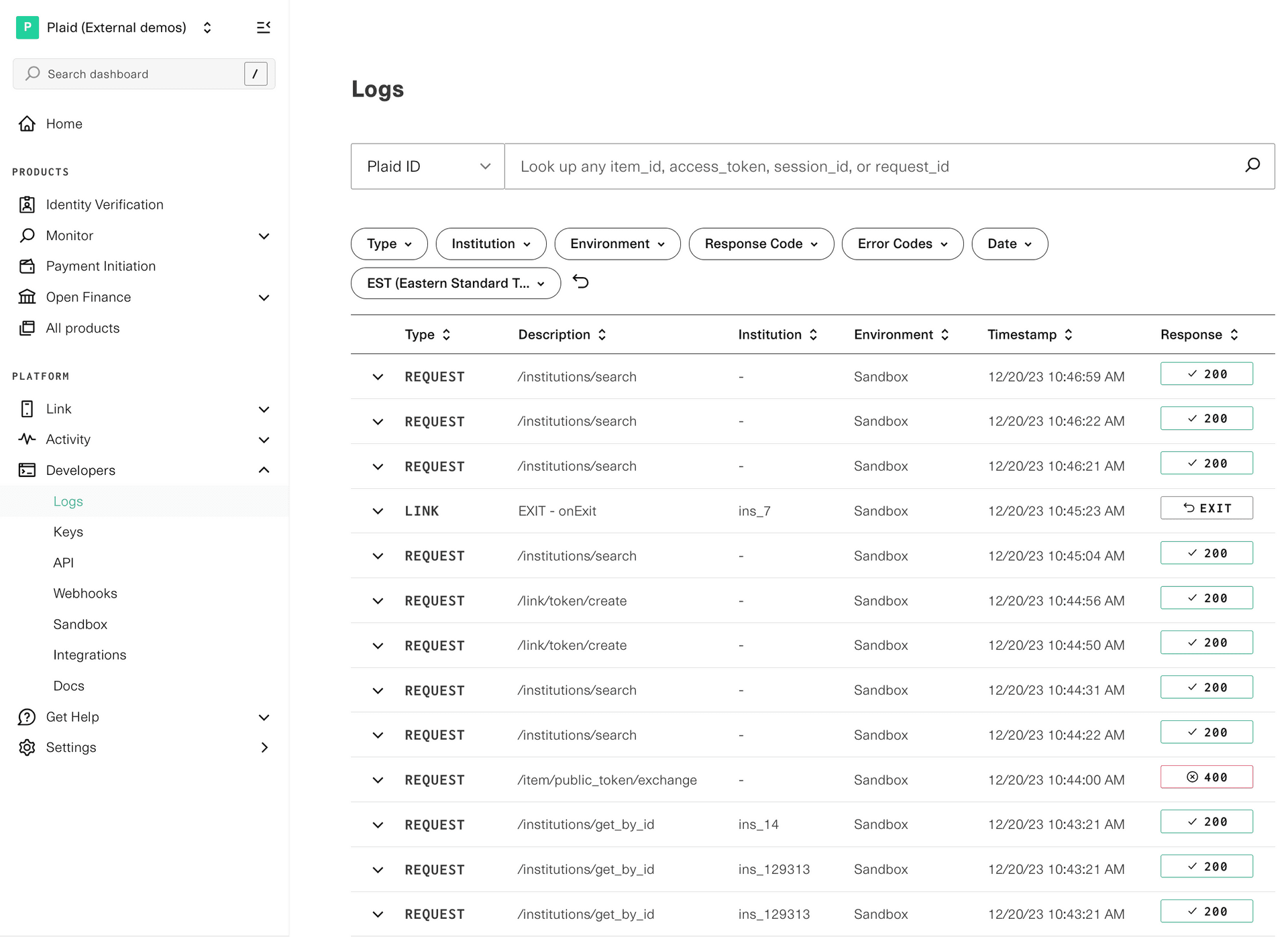 image of Plaid API activity, showing requests, response codes, and webhooks