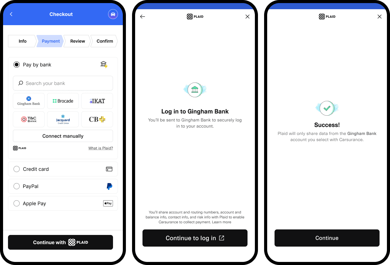 Example Embedded Institution Search flow on mobile