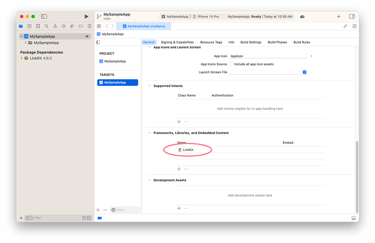 Screenshot showing the embedded LinkKit XCFramework