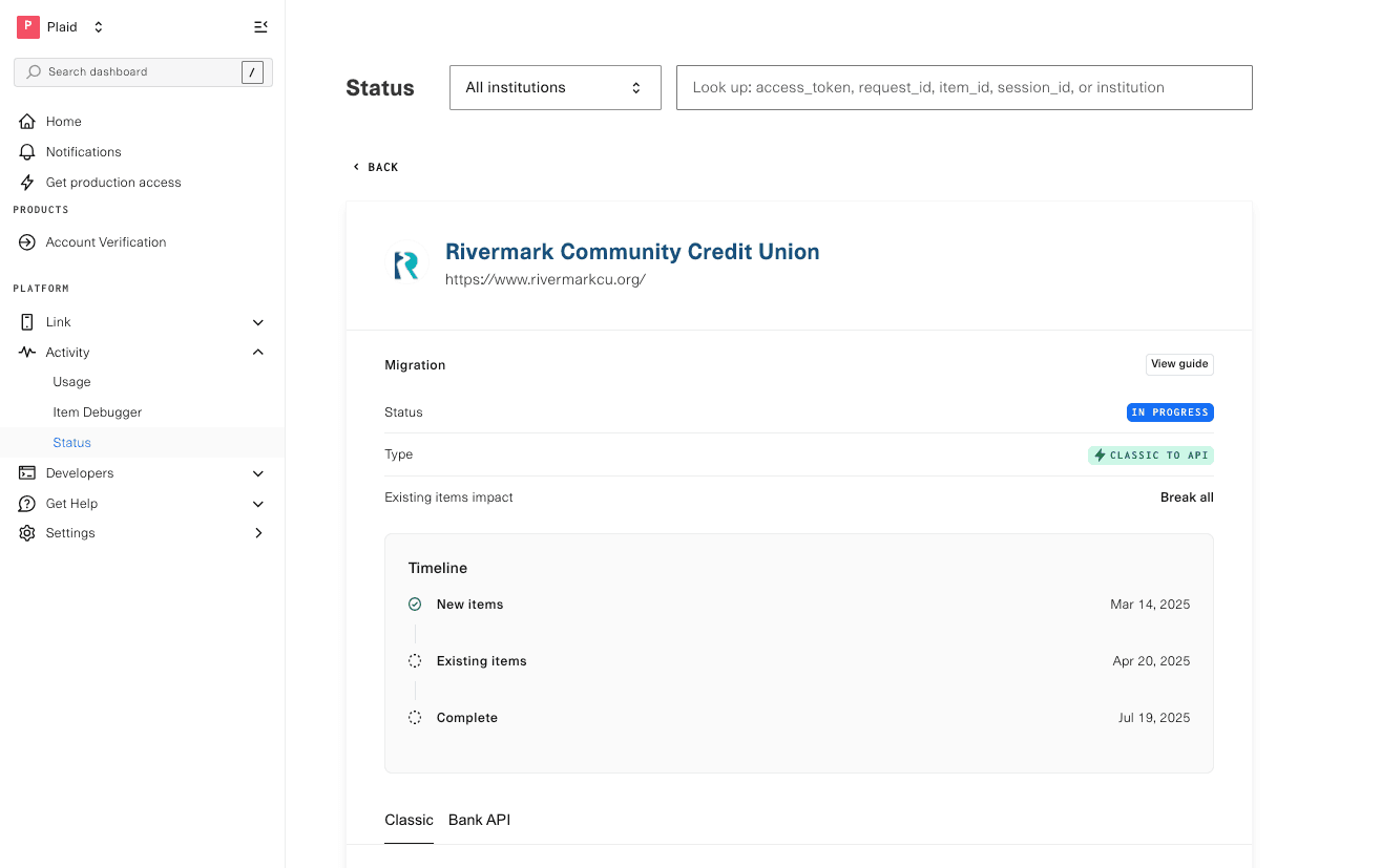 migration status for a bank