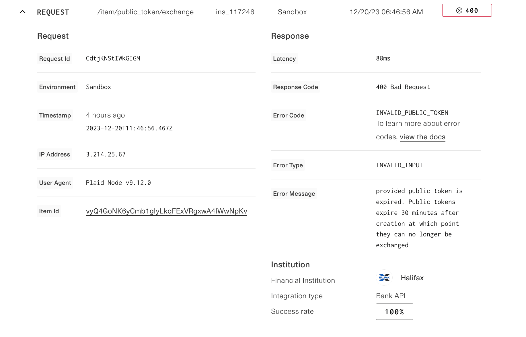 A detailed image of failed API request information in the dashboard