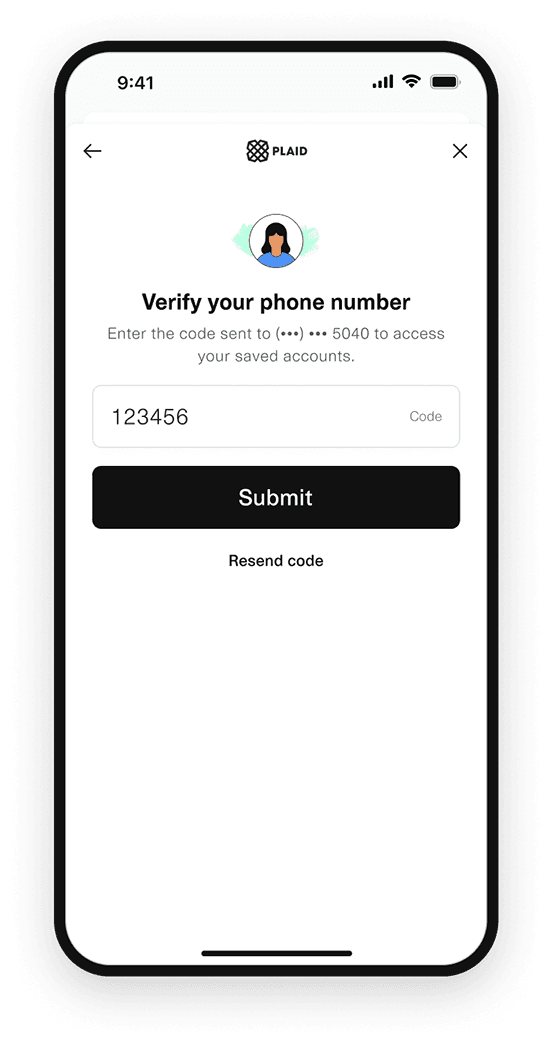 Plaid recognizes this number as one that's connected to Plaid before, and asks the user to confirm a code sent by SMS.