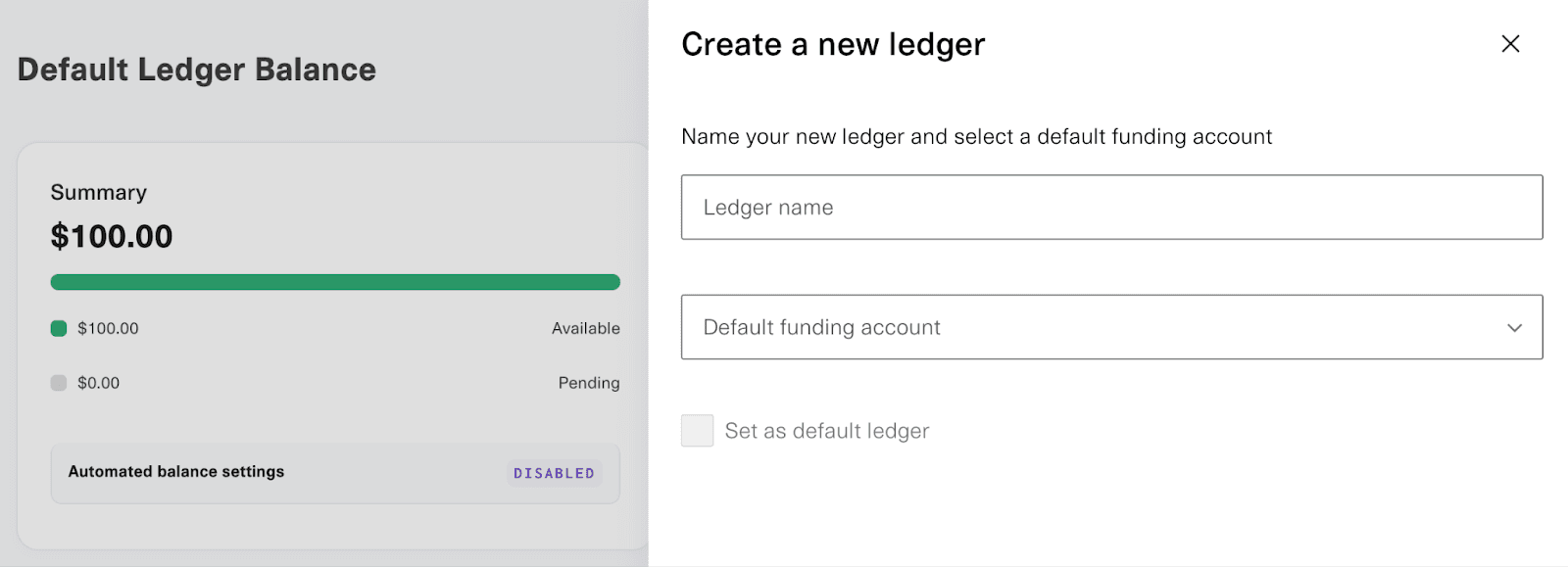 Create a new ledger with fields for 'Ledger name' and 'Default funding account'. Checkbox to set as default ledger.