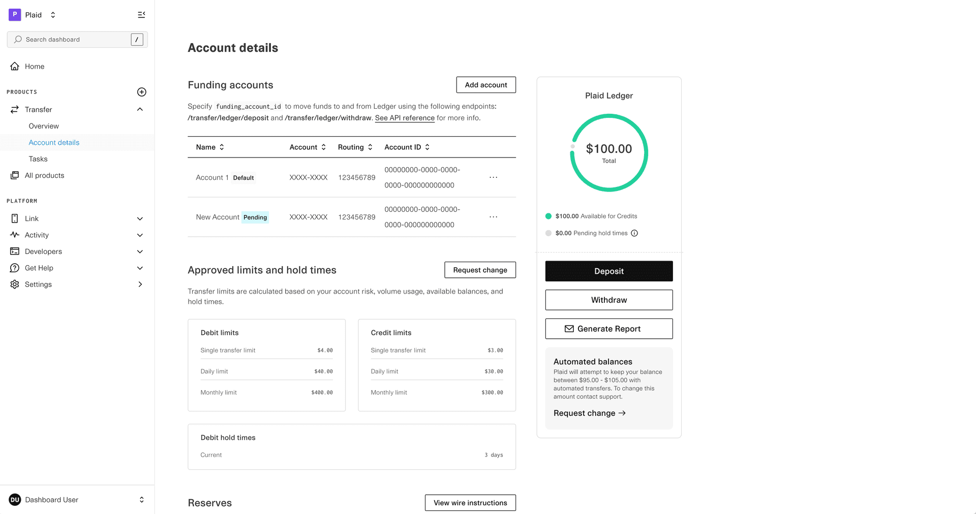 Image of Plaid Transfer Dashboard Limits and Hold Times