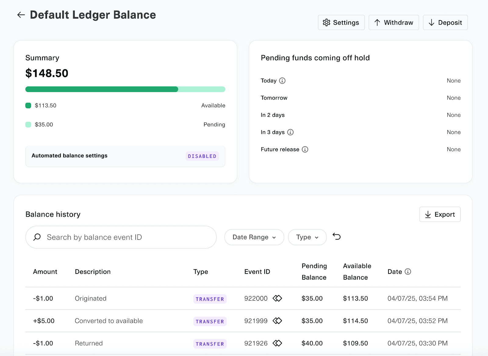 Default Ledger Balance page showing a summary. Pending funds timeline and balance history are also visible.