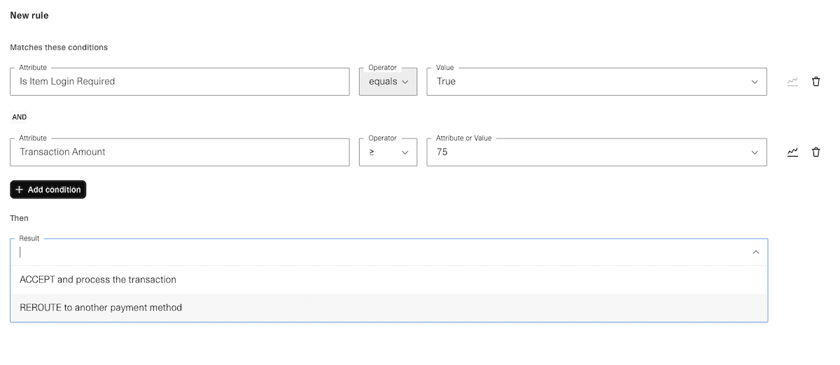 Transfer UI showing the user creating a new rule to reject transfers where the Item is in a login required state and the transfer value is greater than $75.