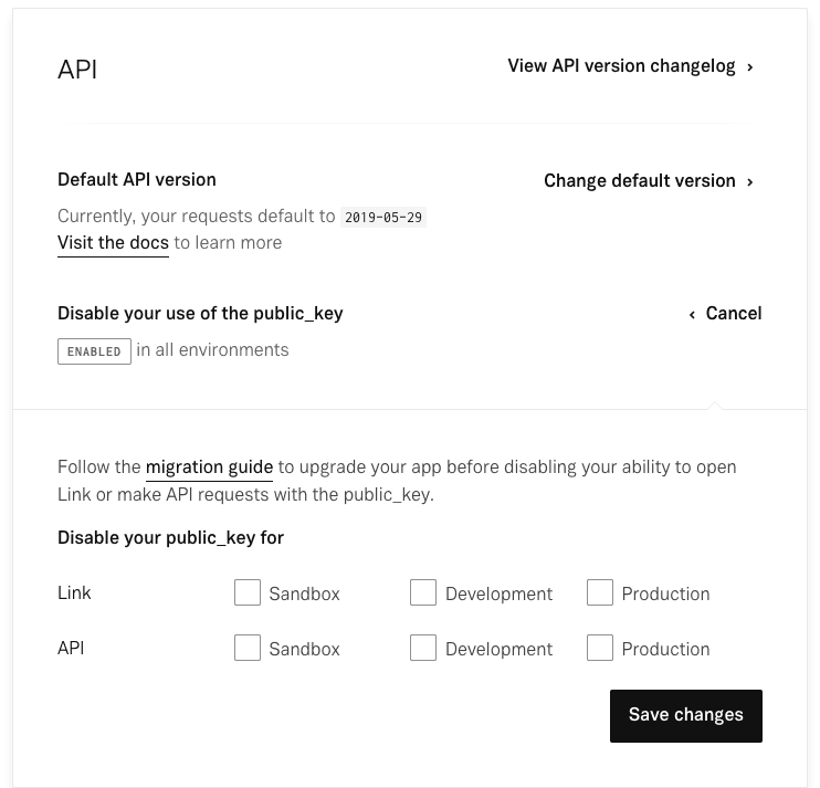 image of Dashboard UI for disabling the public key