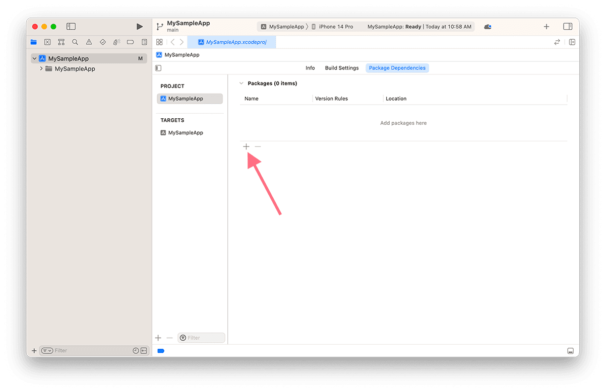 Screenshot showing how to add a new Swift package dependency in Xcode