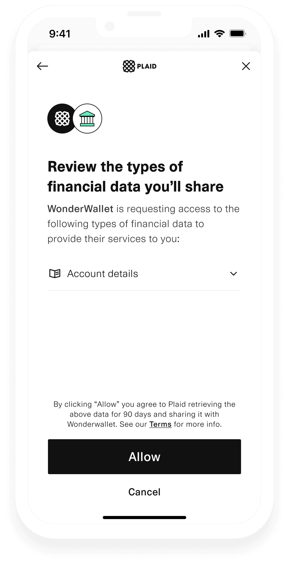 Link pane showing "Review the types of financial data you'sll share: Wonderwallet is requesting access to the following types of financial data to provide their services to you: Account details. By clicking "Allow" you agree to Plaid retrieving the above data for 90 days and sharing it with Wonderwallet. See our terms for more info." Followed by "Allow" and "Cancel" buttons.