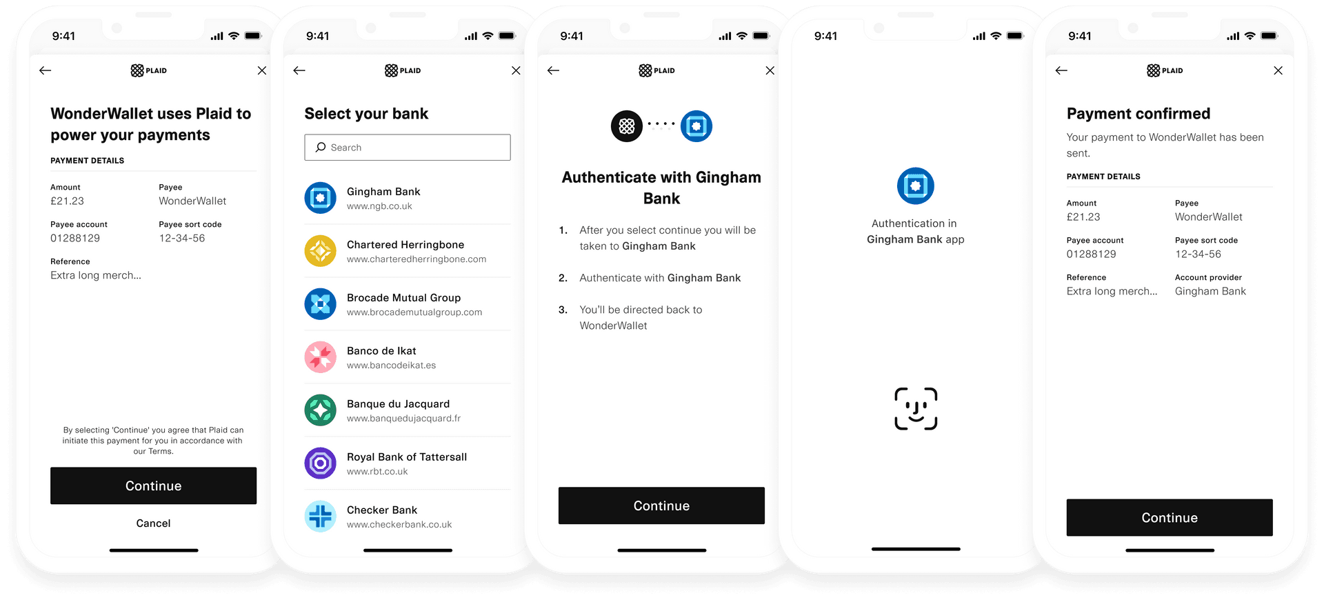 Link flow: proposed payment details on first screen, then select your bank, then authentication screens, then payment confirmed screen with payment details