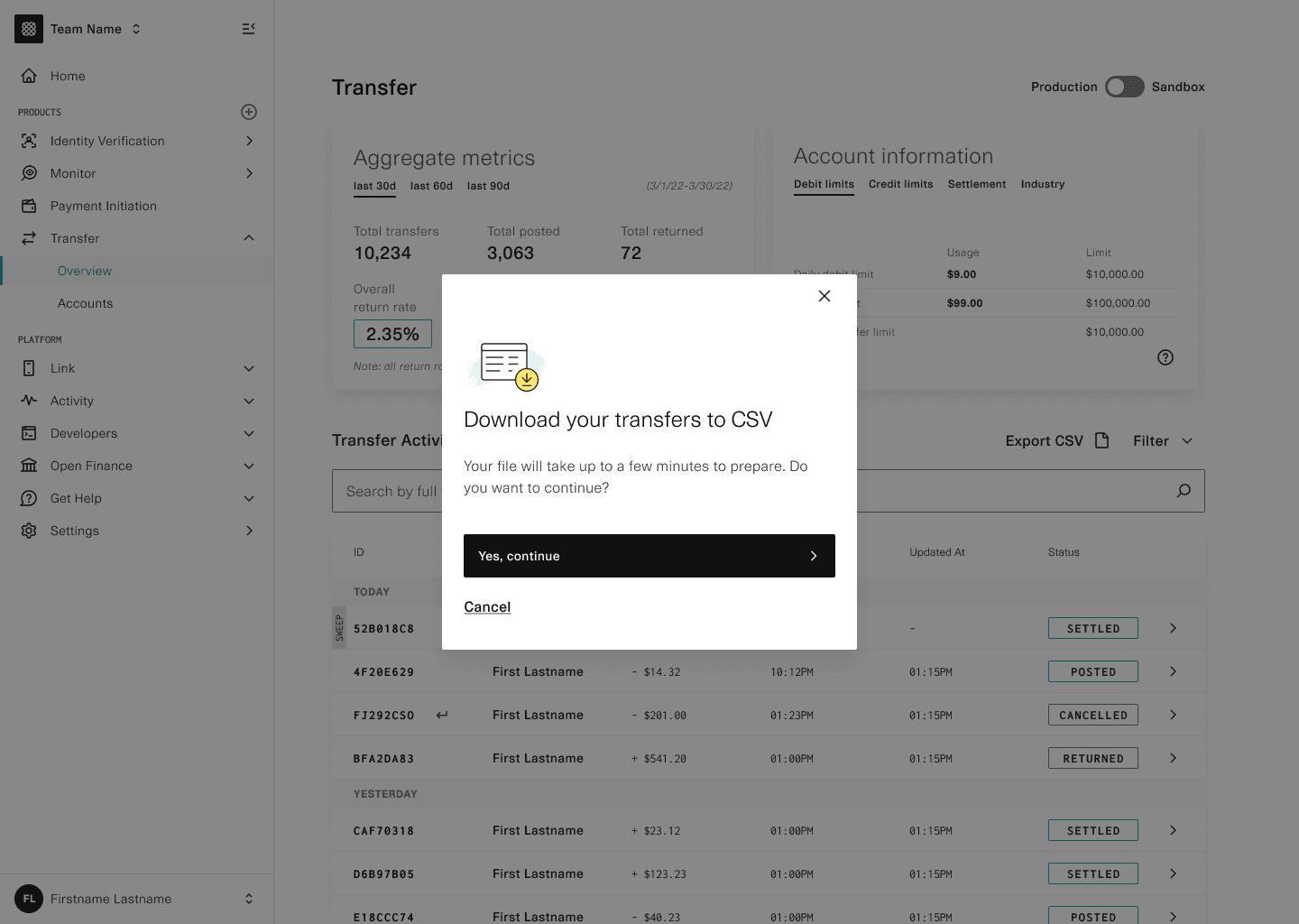 Image of Plaid Transfer Dashboard CSV Export