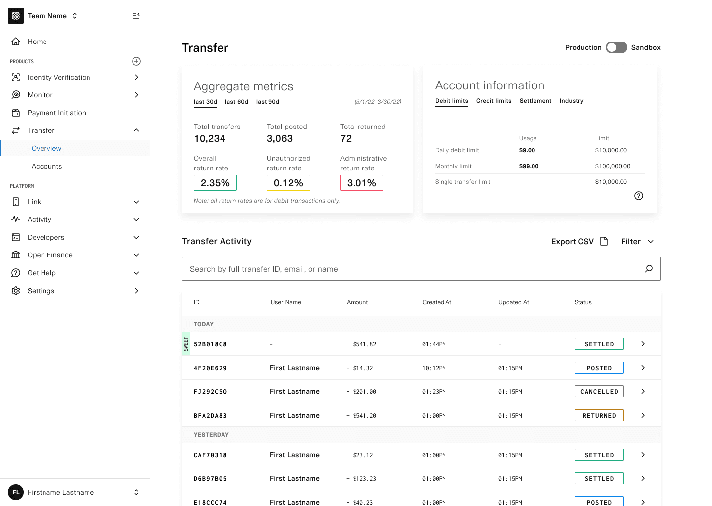 Image of Plaid Transfer Dashboard