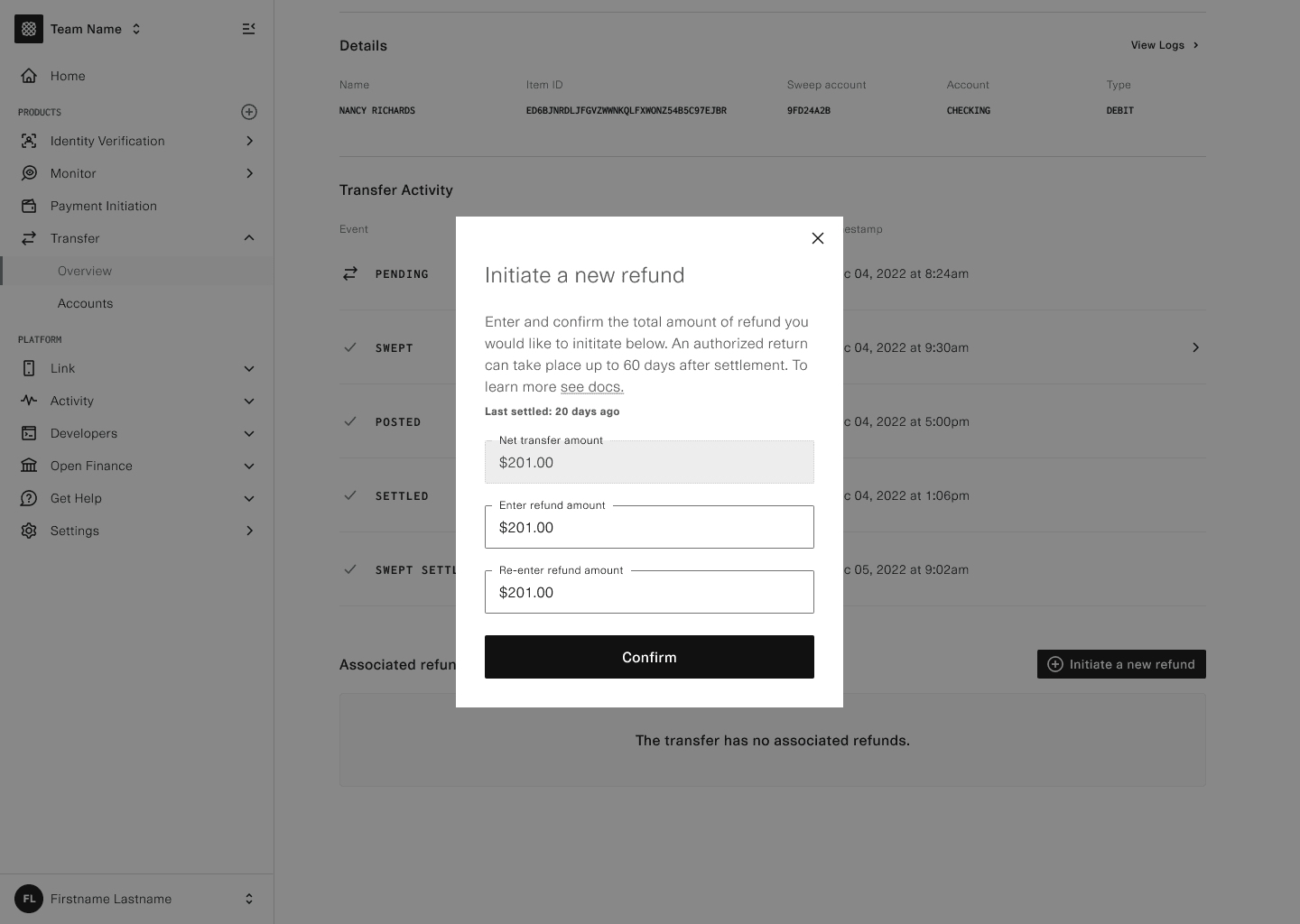 Image of Plaid Dashboard UI to initiate a refund.