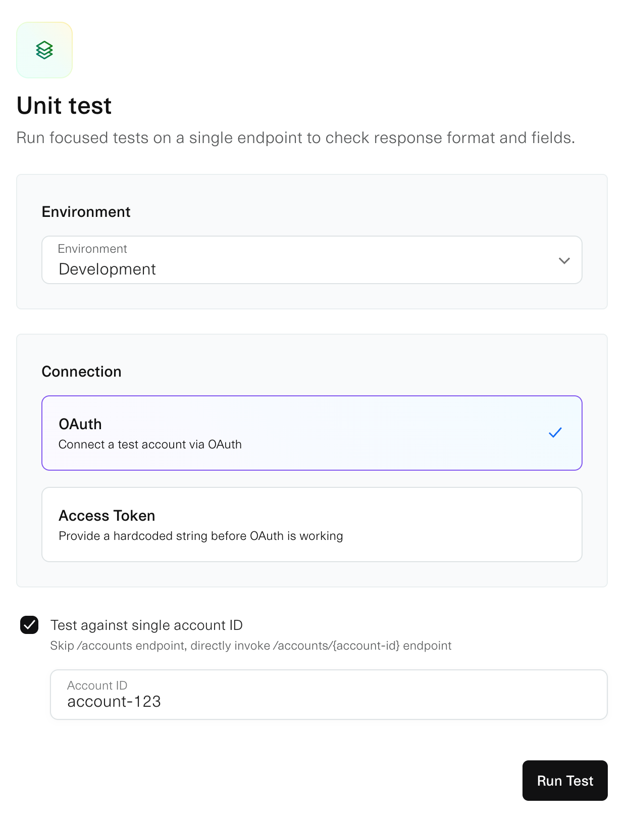 Unit test configuration panel showing environment selector set to Development, connection options for OAuth or Access Token authentication, and a checkbox to test against a single account ID with an input field for the account ID