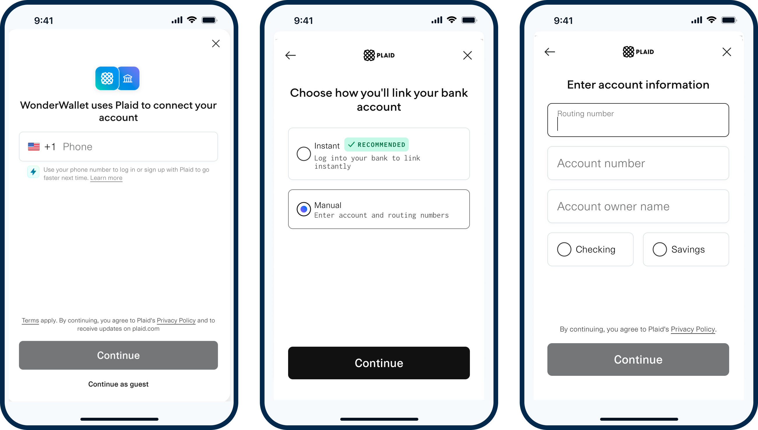 Link flow. First screen shows Plaid consent pane, second screen shows radio toggle option to connect bank instantly (recommended) or manually, manually option is selected. Third screen shows a form where user can enter account details: account and routing number, owner name, and checking or savings.
