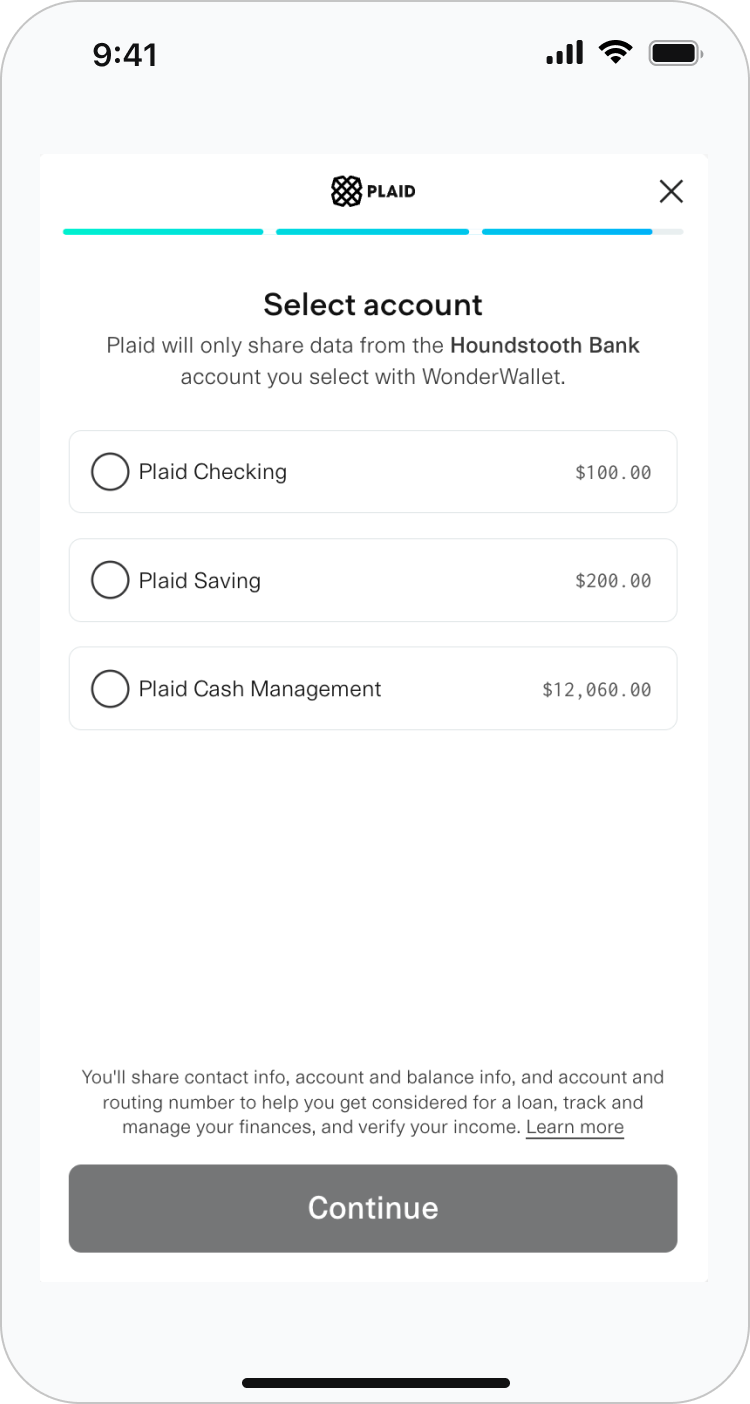 Next, they select the account to link. (Single-account select is typically recommended for Auth.)