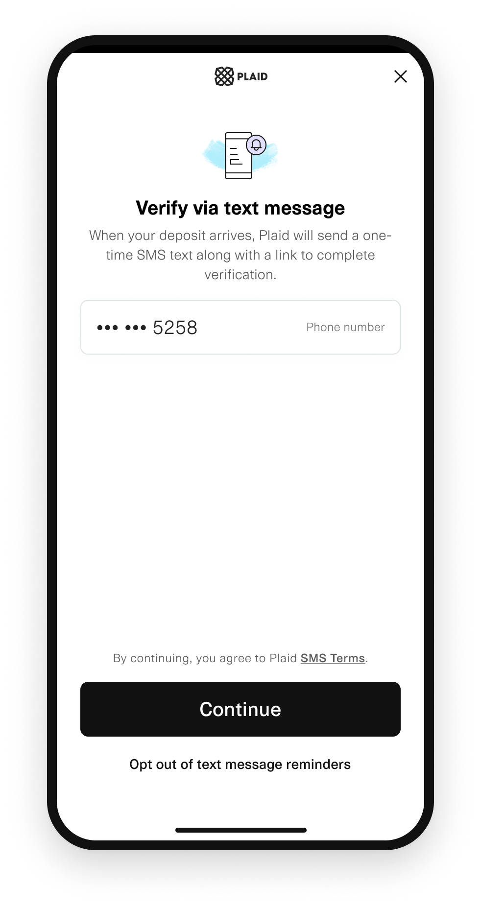 The user enters their phone number to be notified when the transfer has arrived.