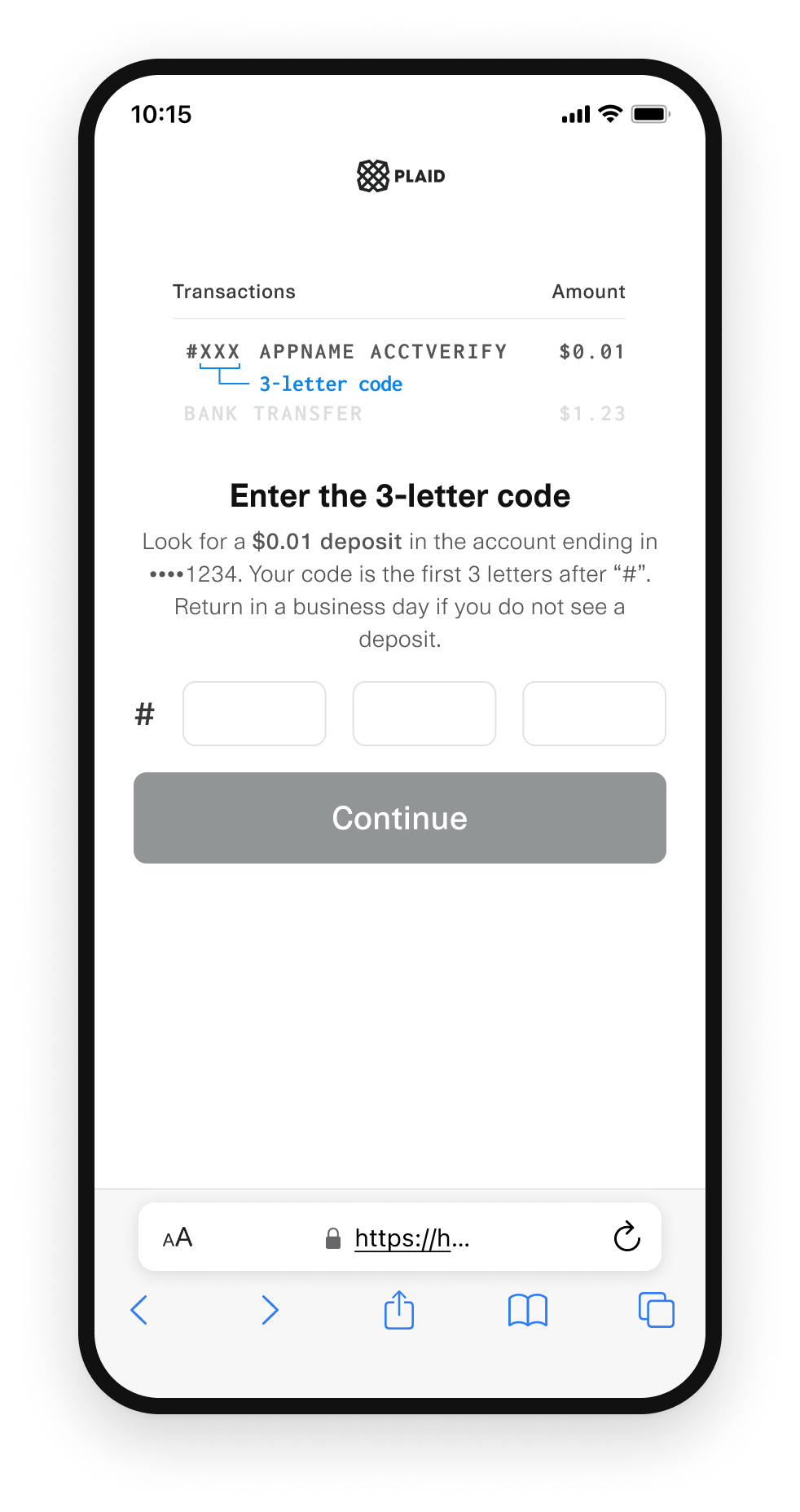 After getting the code from their bank account, they return to Plaid to verify the code.