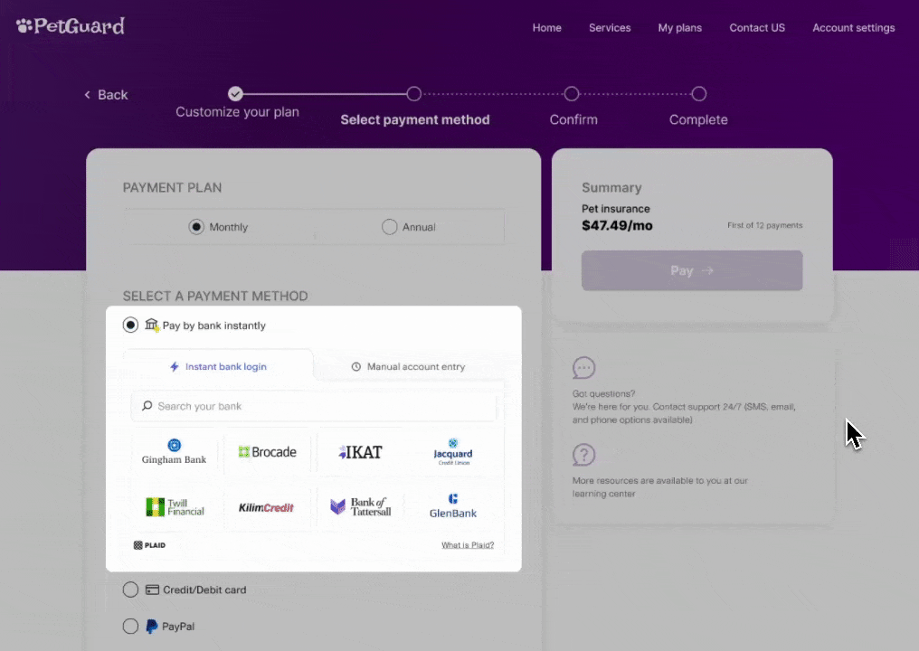Pay by bank: Select payment method with bank search and Auth Type Select. Monthly plan, $47.49/mo summary visible.