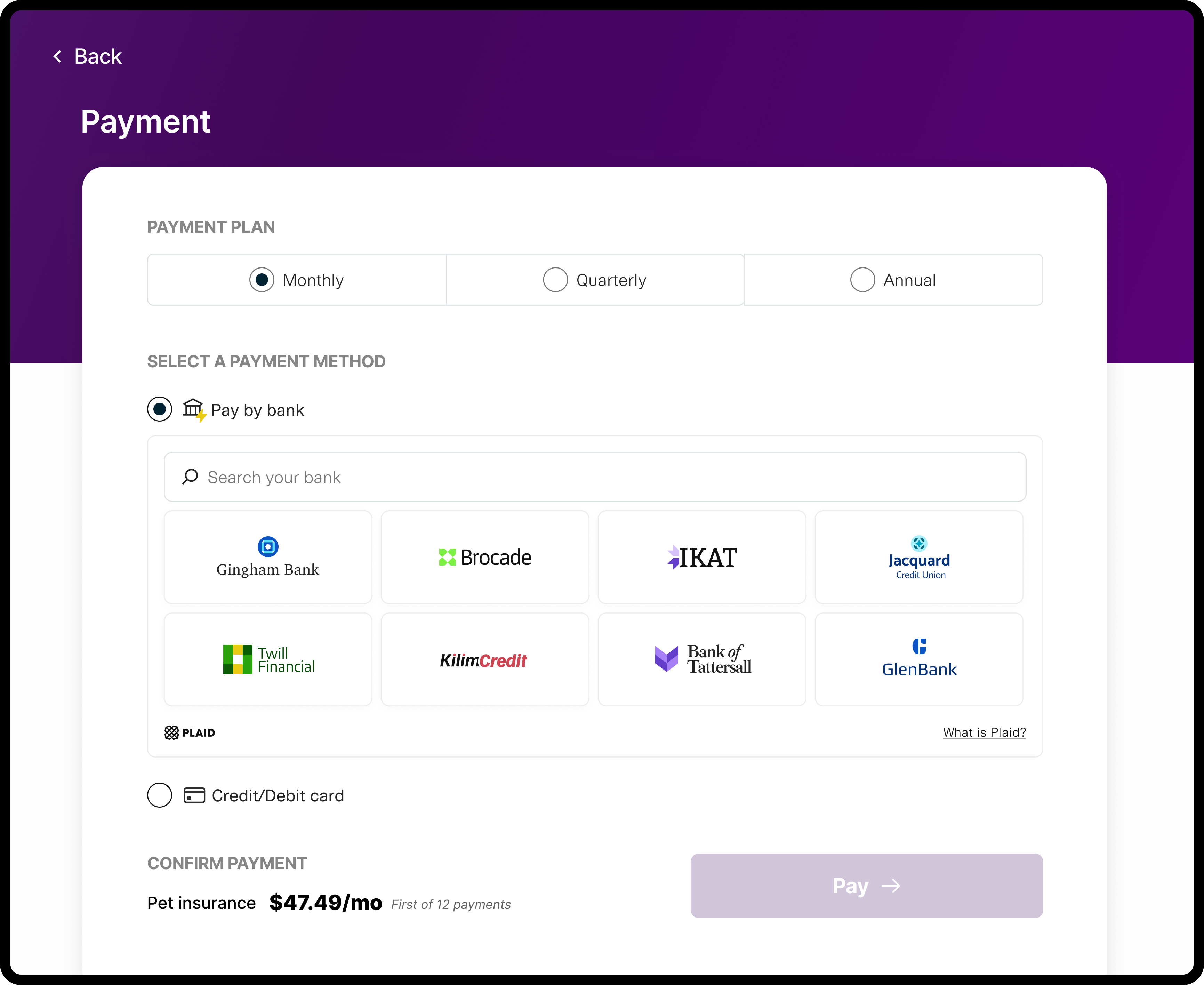 Payment page with options for monthly, quarterly, or annual plans. 'Pay by bank' is selected. Bank logos displayed for selection. Total: $47.49/month.