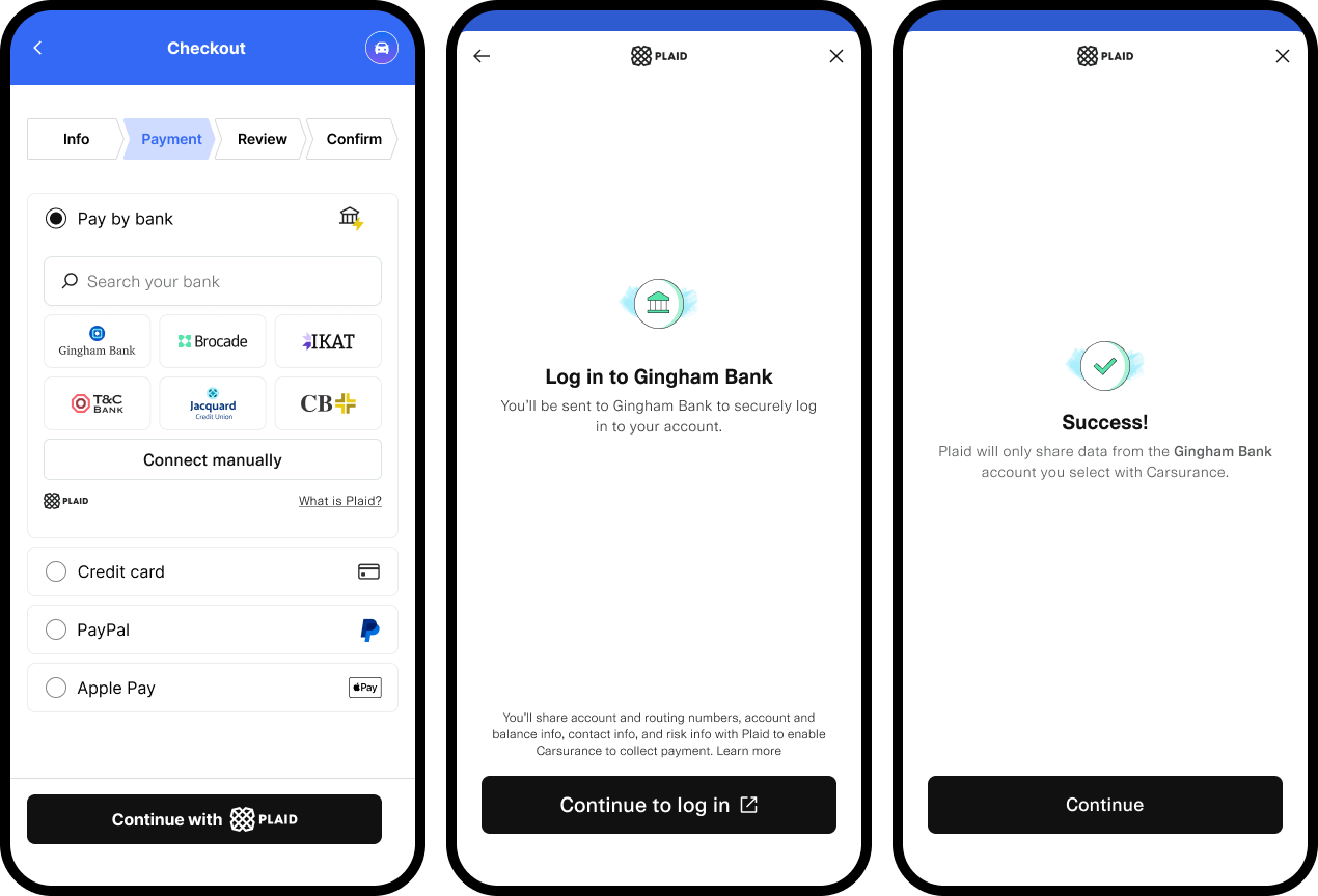 Mobile flow showing institution search, login to Gingham Bank, and success confirmation via Plaid for payment setup.