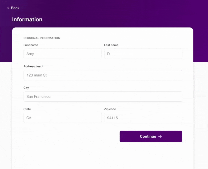 Returning user form in Embedded Institution Search with fields for name, address, city, state, and zip code, and a 'Continue' button.