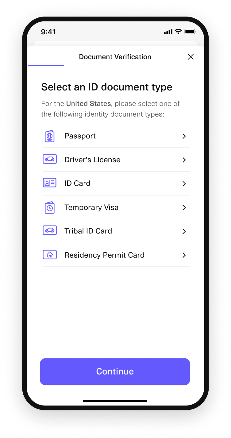 With Document Verification enabled, they pick a document from a configurable list...
