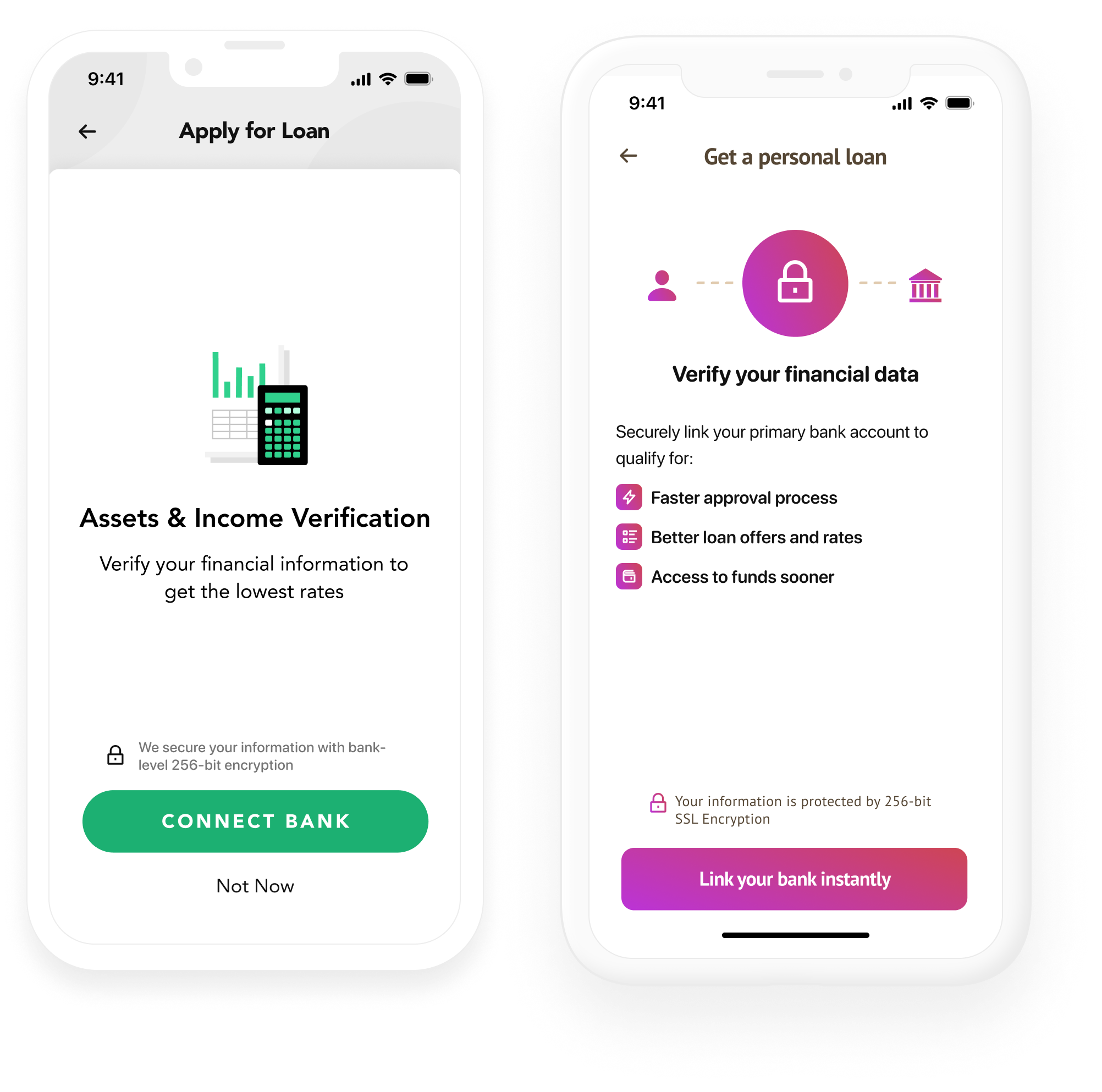 Two mobile screens showing loan application steps: Left screen offers income verification via 'Connect Bank' button; right screen highlights benefits of linking bank for faster approval, better rates, and fund access.