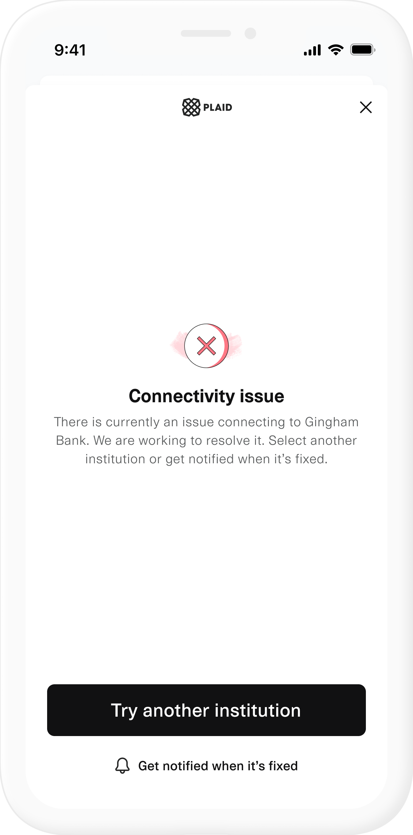 The user encounters an error because their institution is down.