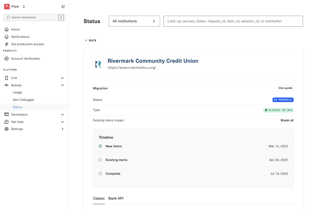 Plaid migration status for a bank, in progress, type: Classic to API, timeline displayed.