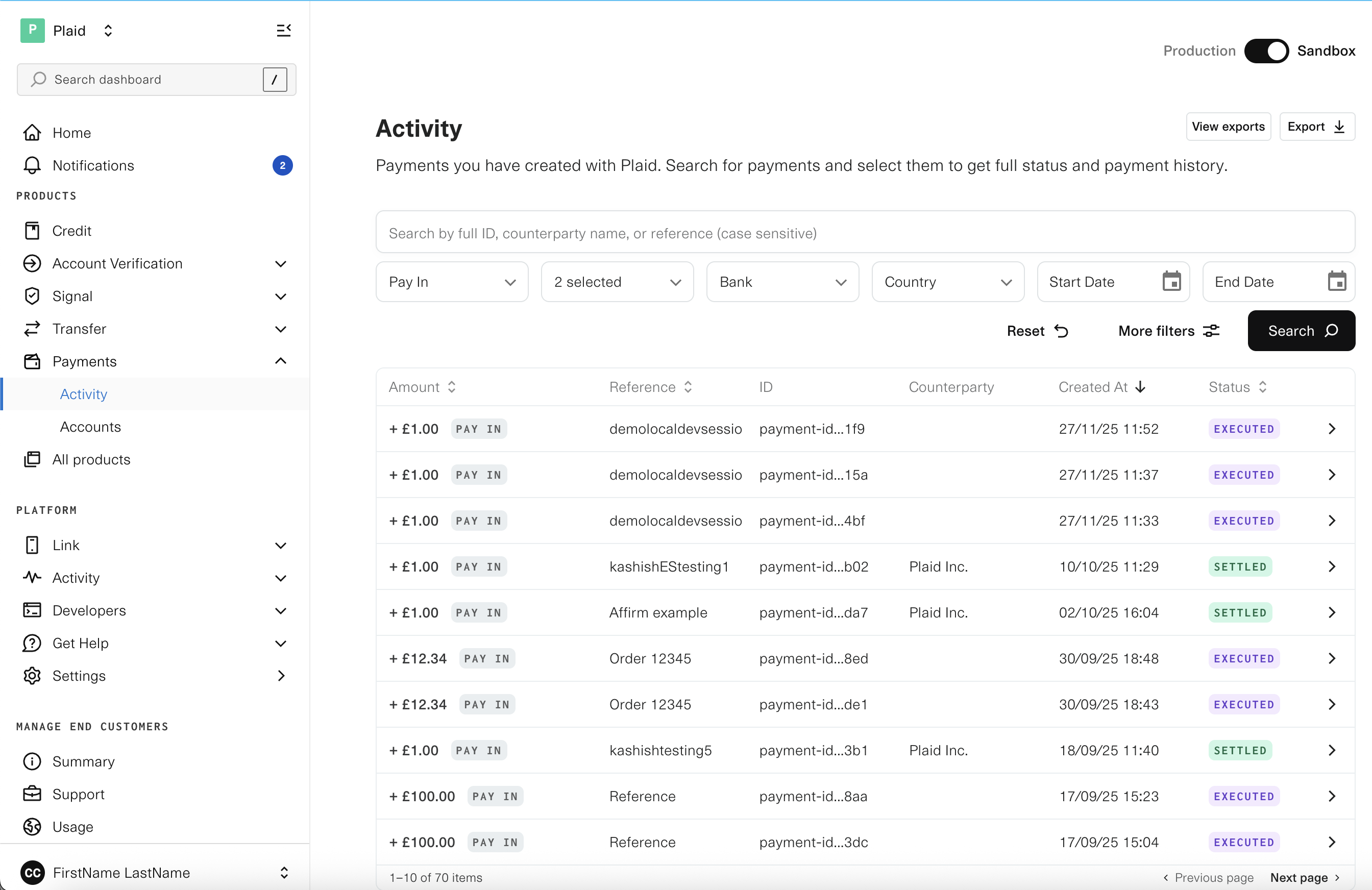 Payments Dashboard Activity tab showing payment list with search filters and status columns