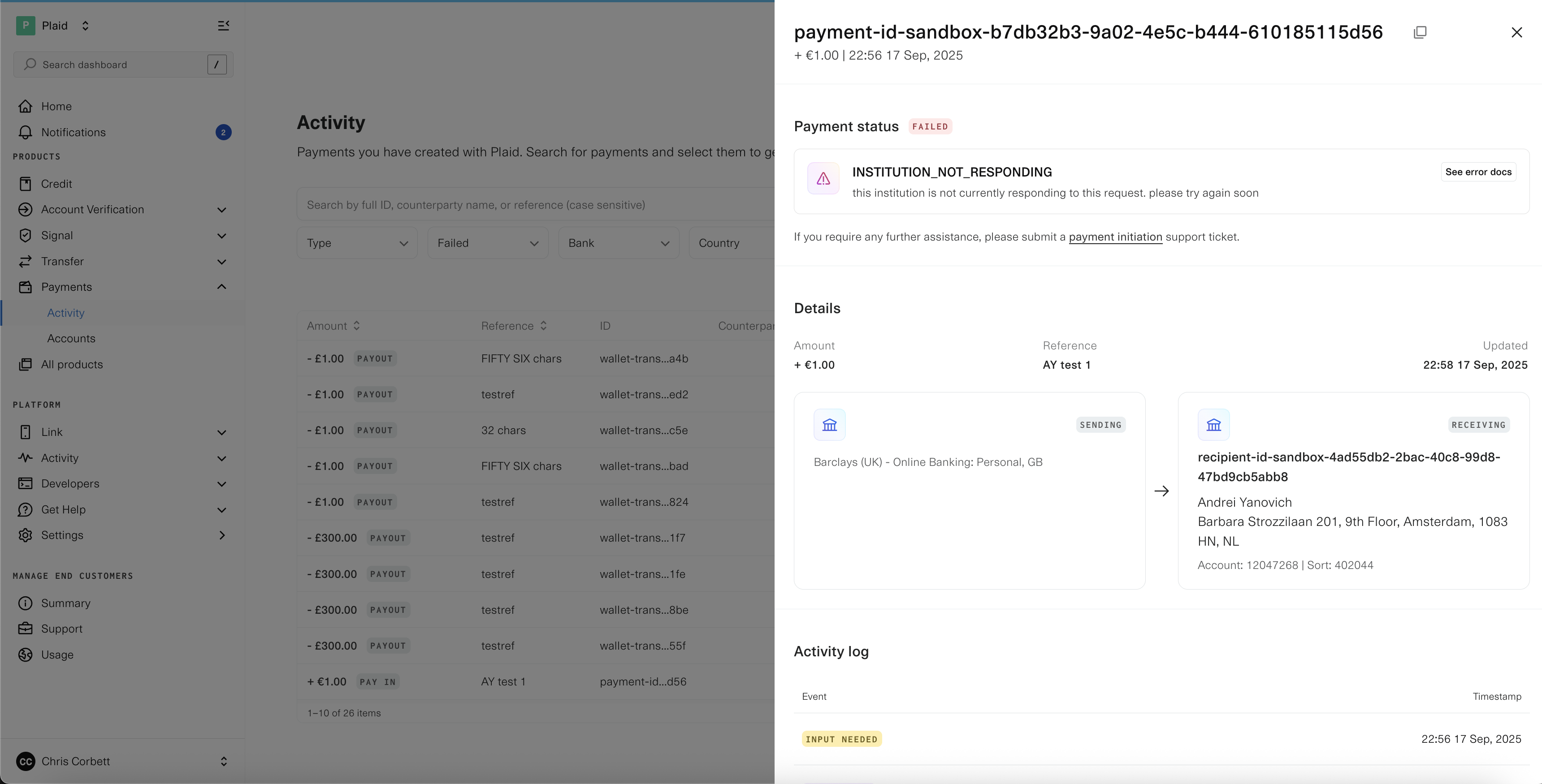 Payment detail modal showing payment status, transaction details, and activity log