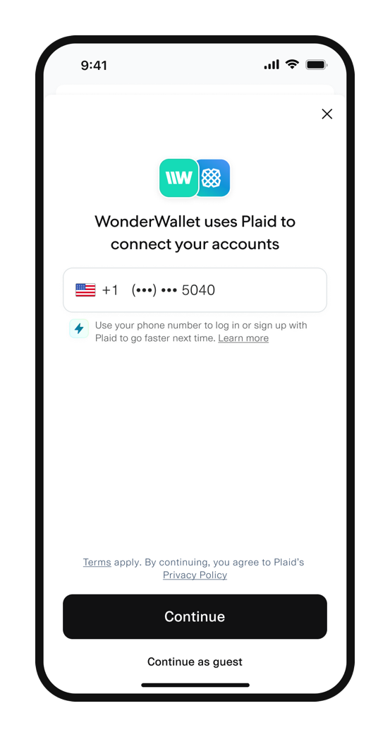 The user starts a Link session and enters their phone number.