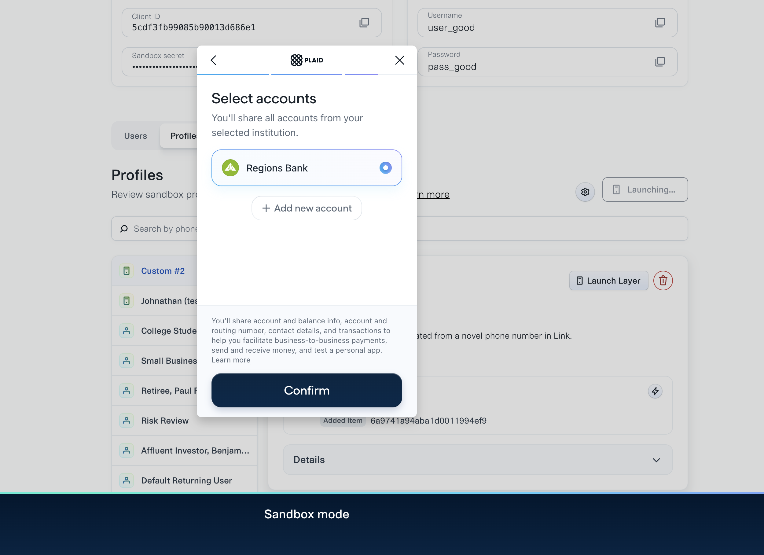 The Link account selection screen for a returning user, listing the institution already connected to the profile alongside an option to add a new account.
