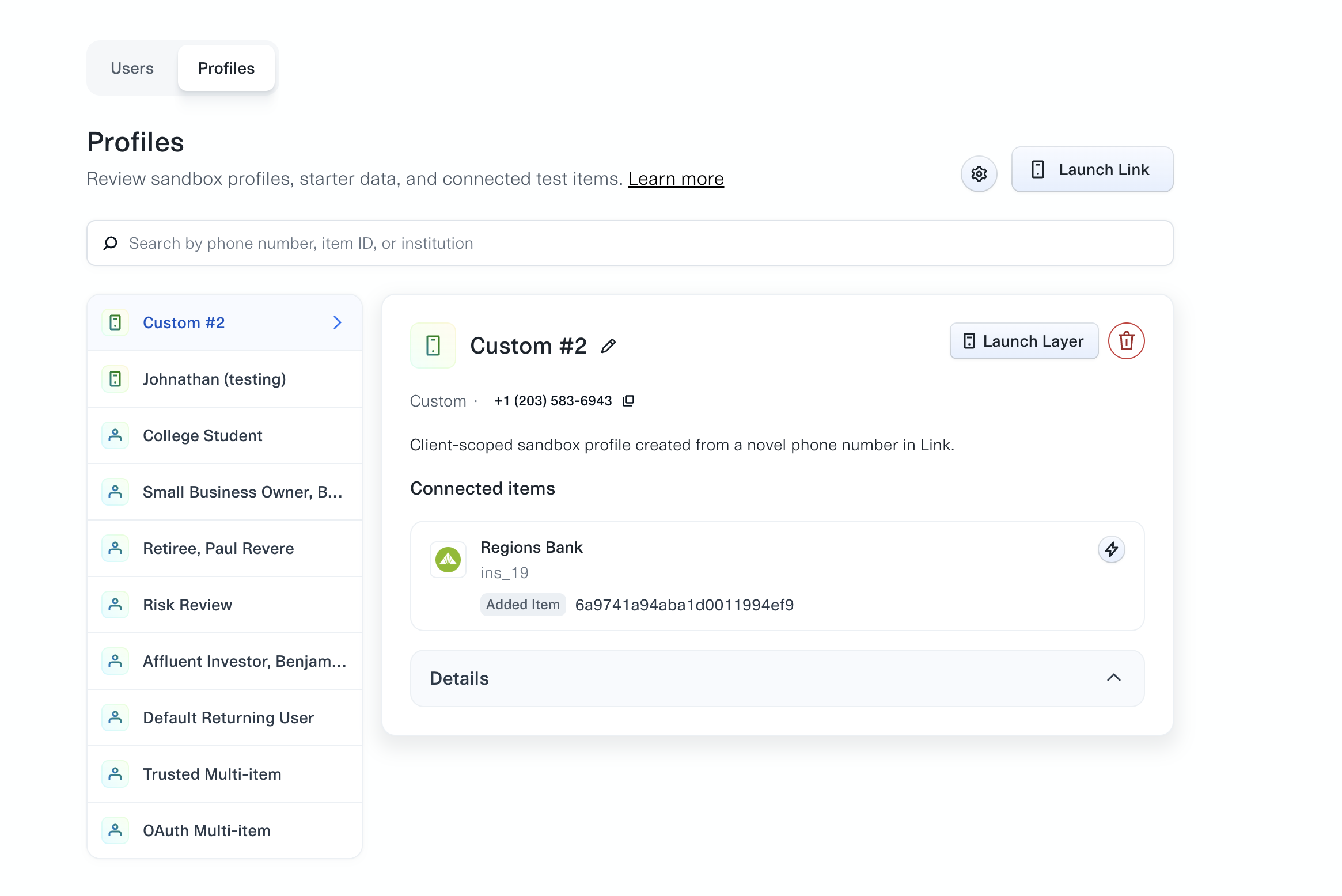 The Profiles tab of Sandbox Studio, listing custom and starter profiles down the left side and showing a selected custom profile with its phone number, its connected Item at Regions Bank, and controls to launch Link or Layer.