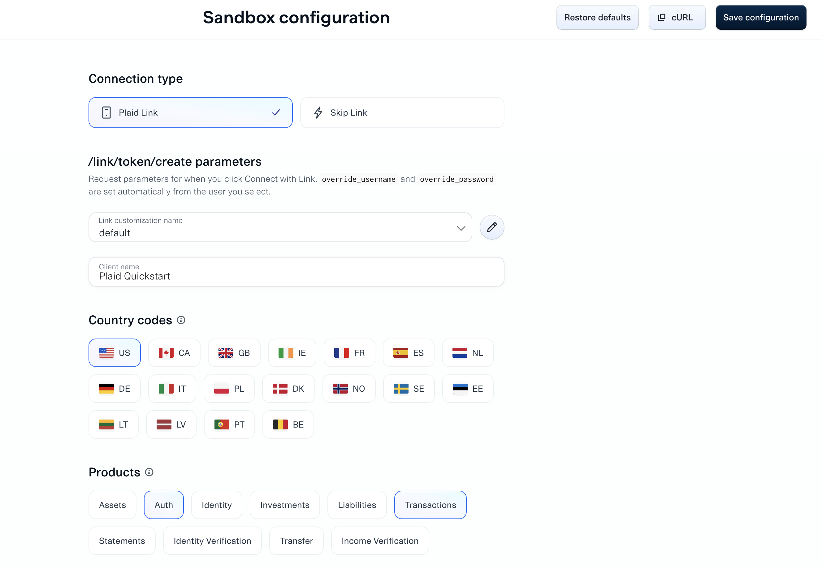 The Sandbox configuration page, with the connection type set to Plaid Link and controls for the /link/token/create parameters, including Link customization, client name, country codes, and the products requested.