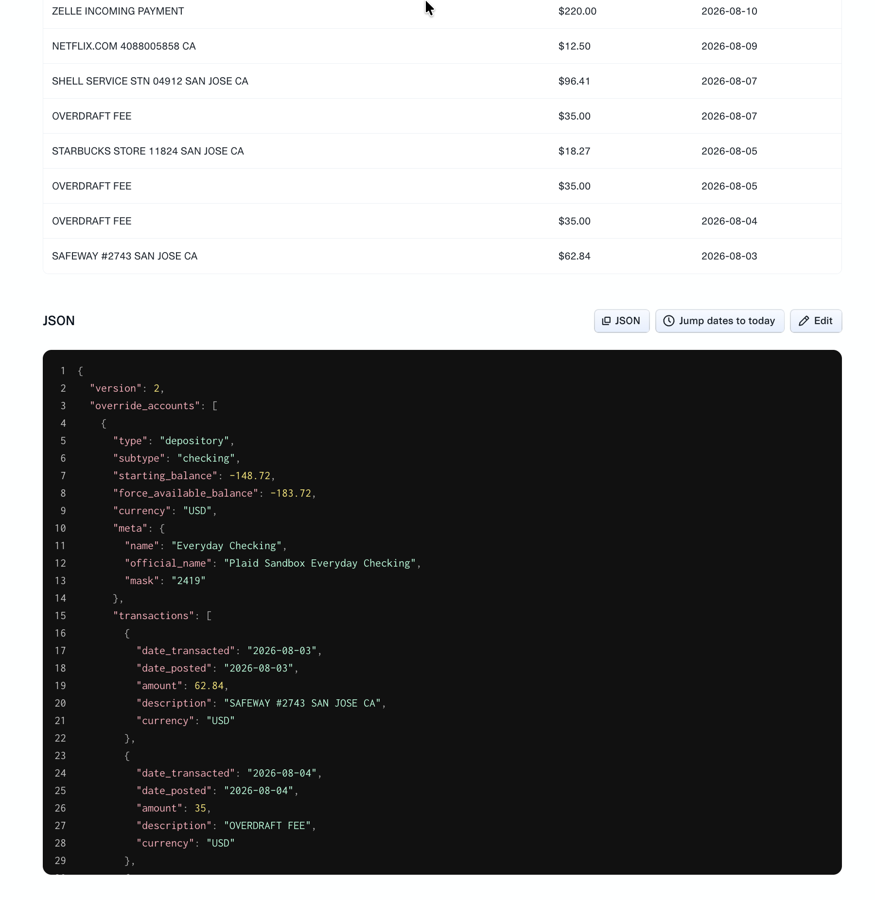 A custom user's configuration object, editable as JSON on the Users tab of Sandbox Studio, showing the override_accounts array with a checking account's starting balance and identity data.