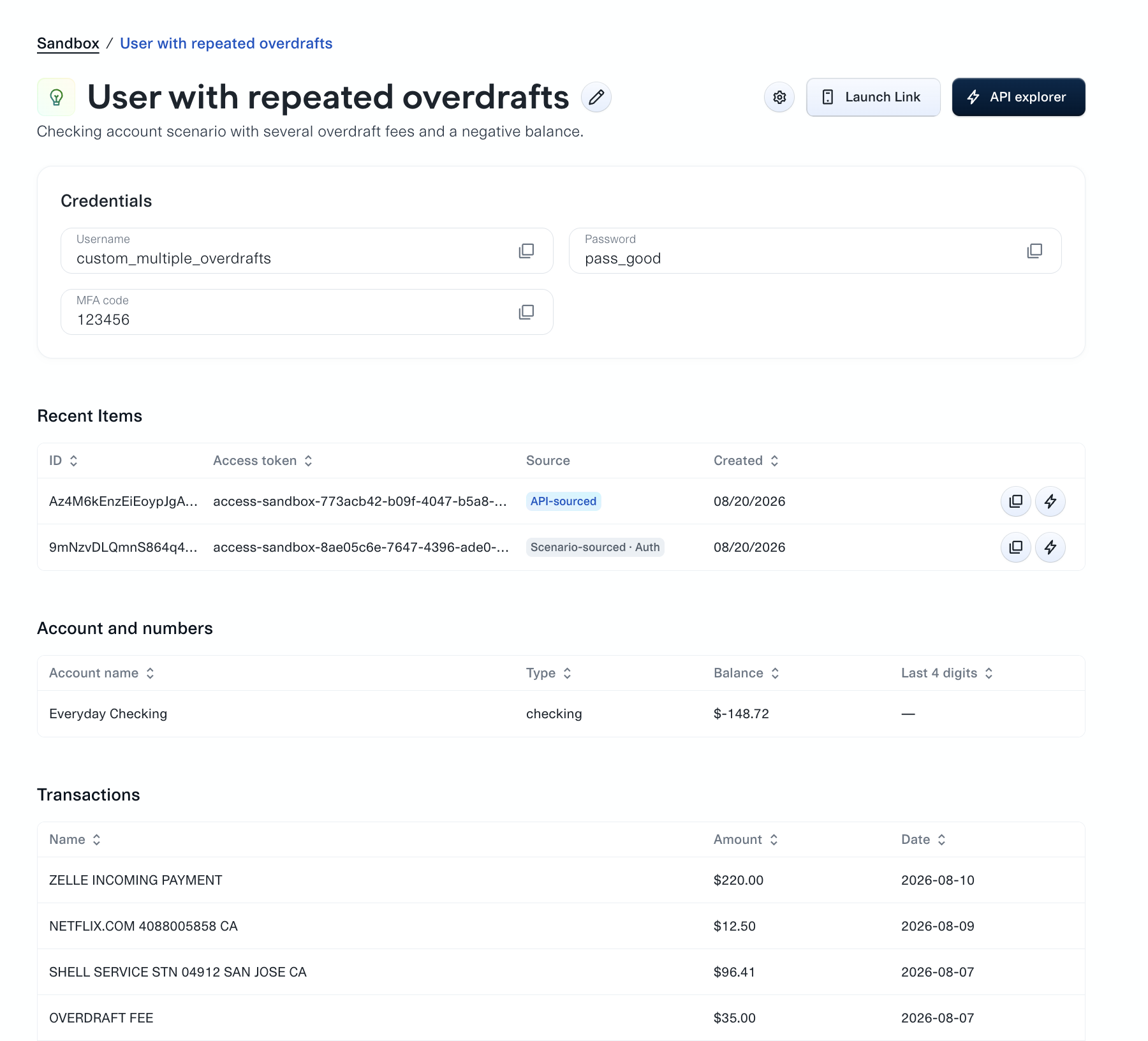 A custom user's page on the Users tab of Sandbox Studio, showing its credentials, recent Items, connected account, and transactions.