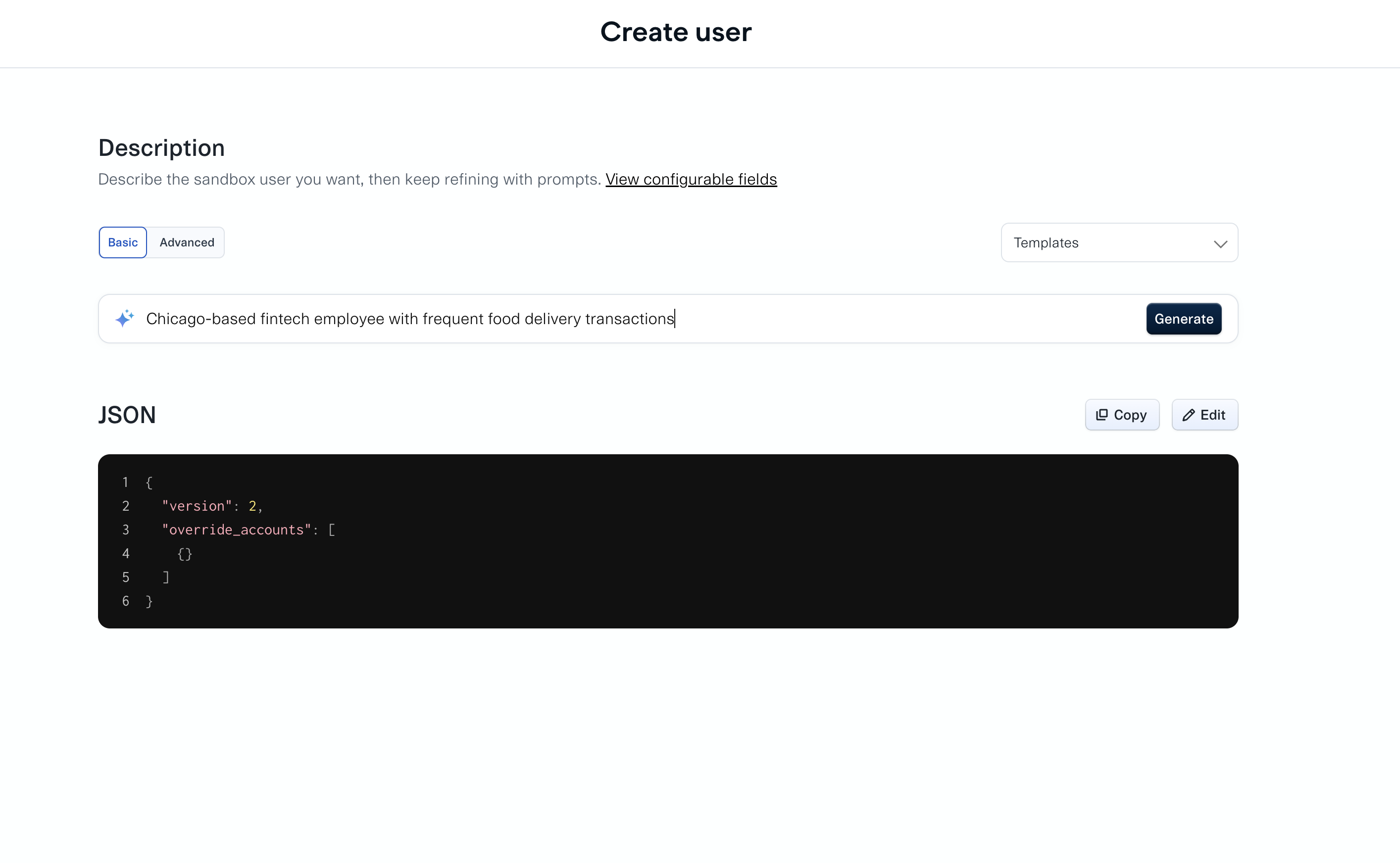 The Create user page in Sandbox Studio, with a plain-English description of the user to generate, a Templates dropdown, and the resulting configuration object.