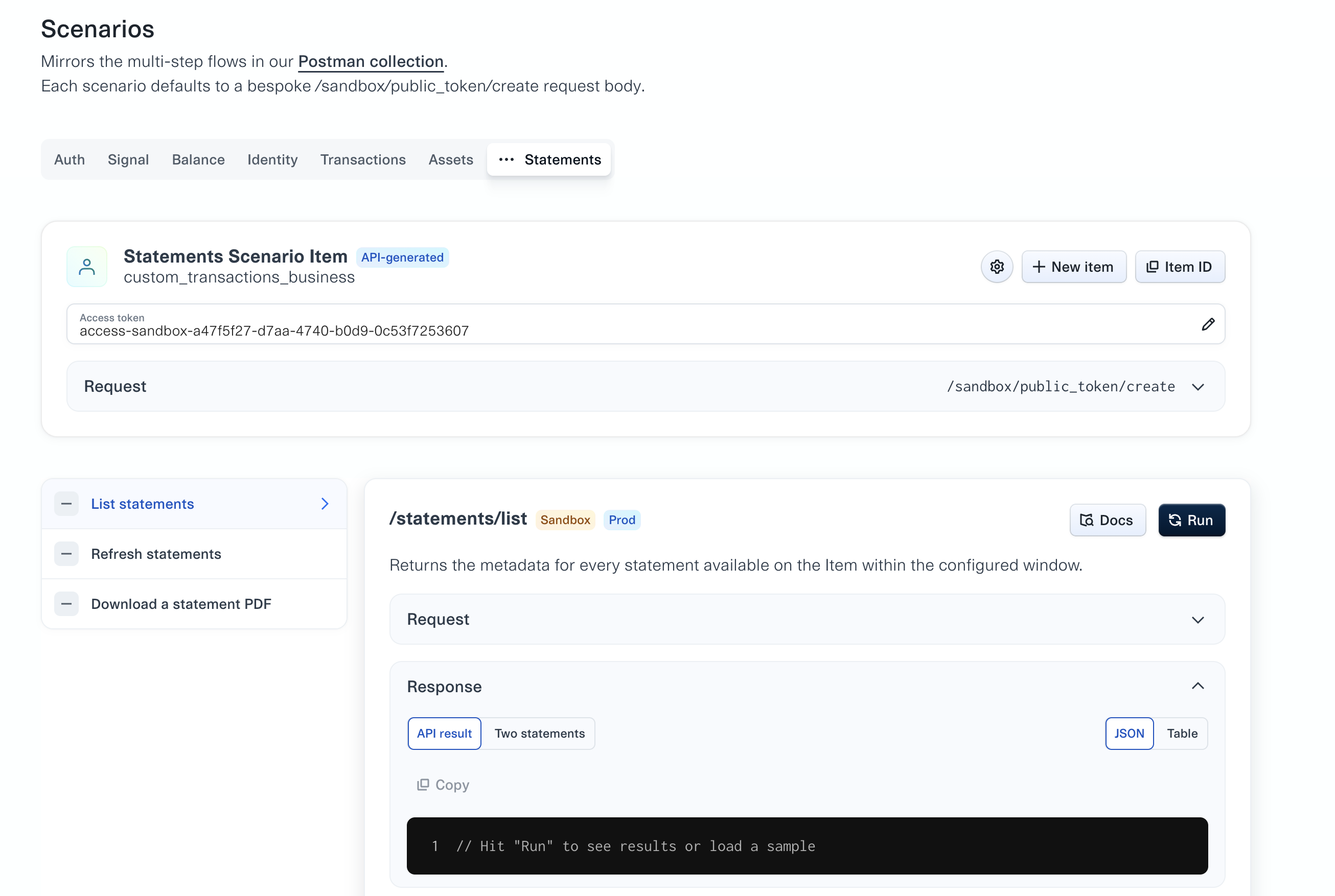 The Scenarios tab of the API explorer with the Statements scenario selected, showing the scenario's Item and access token, its ordered steps for listing, refreshing, and downloading statements, and the request and response panels for /statements/list.