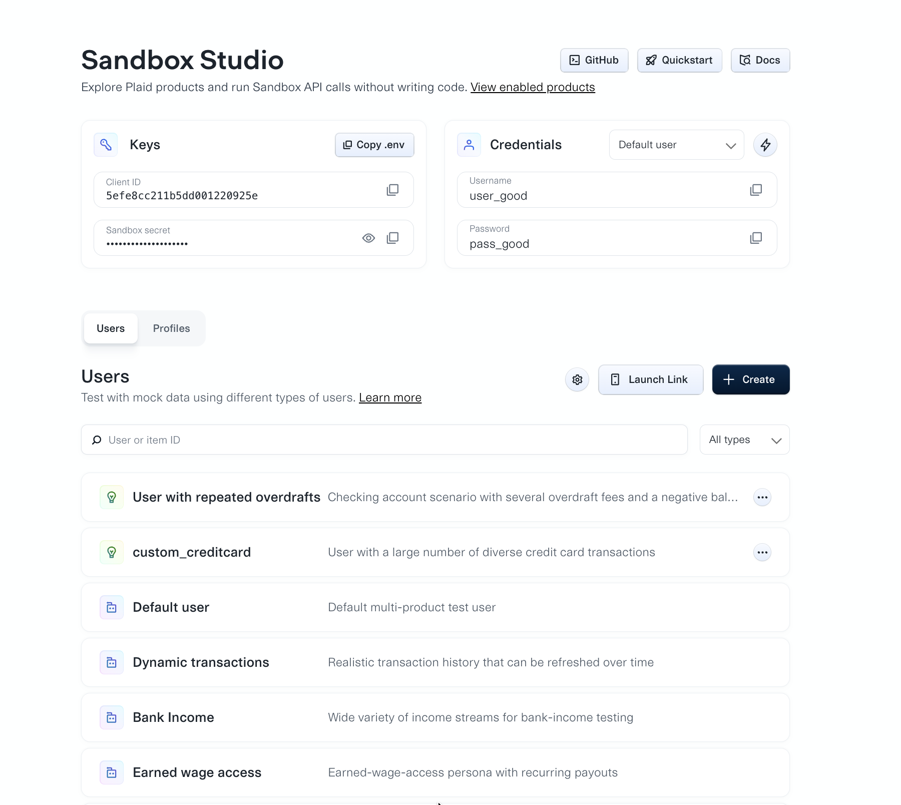 The Users tab of Sandbox Studio, listing built-in and custom test users alongside the team's Sandbox keys and credentials for the currently selected user.