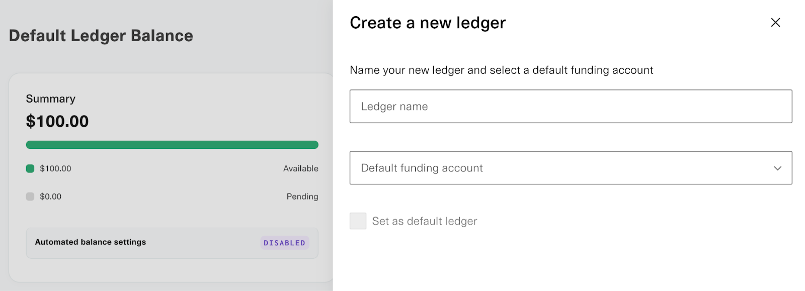 Create a new ledger with fields for 'Ledger name' and 'Default funding account'. Checkbox to set as default ledger.