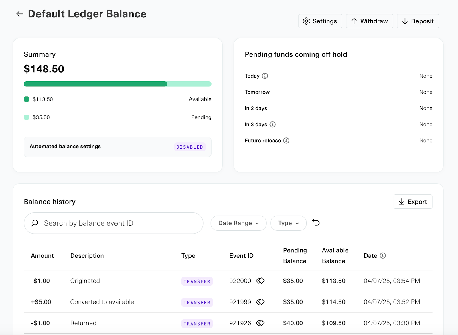 Plaid Ledger Balance page showing summary, pending funds, and balance history with search and filters for event ID and date range.