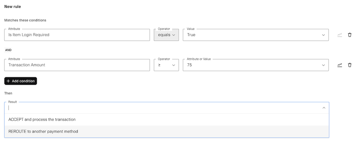 Transfer UI showing the user creating a new rule to reject transfers where the Item is in a login required state and the transfer value is greater than $75.