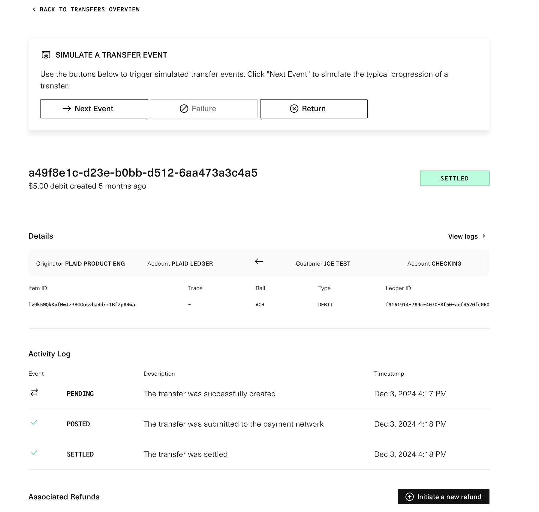 Transfer details page showing $5 debit, options to simulate events, refund, or cancel. State: Settled. Activity log included.