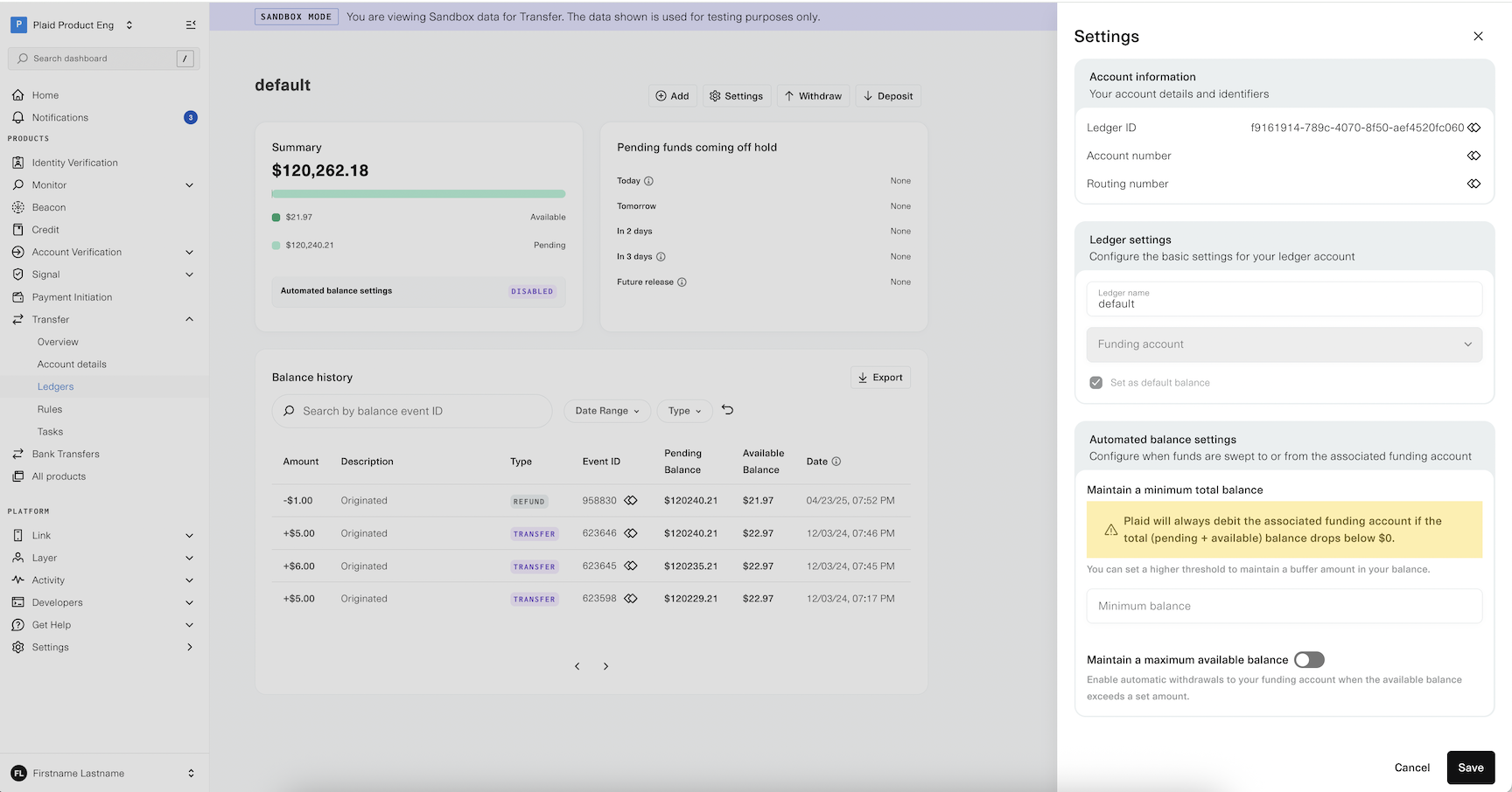 Plaid dashboard showing Ledger summary, balance history, and settings for maintaining minimum balance in transfer flow.