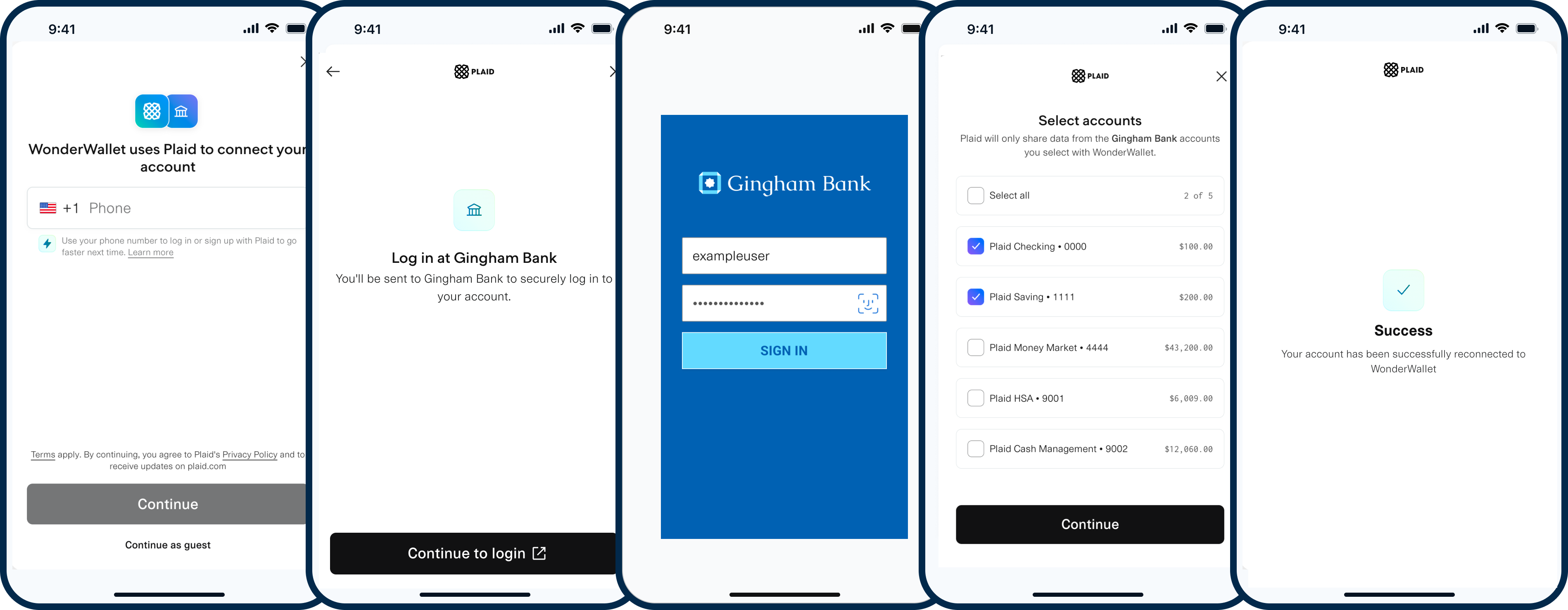 Plaid Link update mode (with account selection enabled): Connect account, enter credentials, select accounts, and see success confirmation screen.