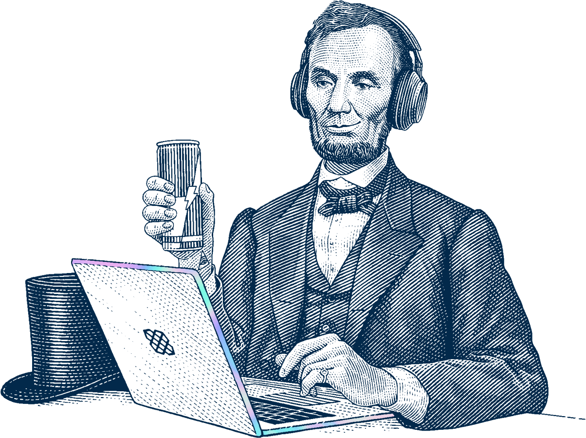 Decorative image of a Abe Lincoln enjoying an energy drink